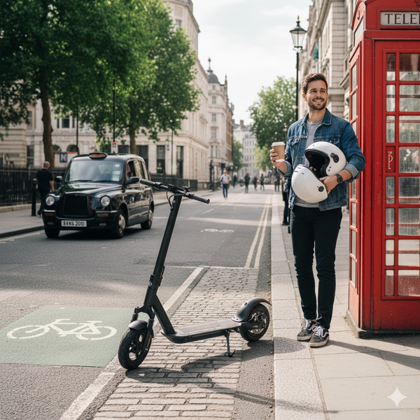 Modern electric scooter without seat parked on a London street, eco-friendly commuting solution for UK riders.