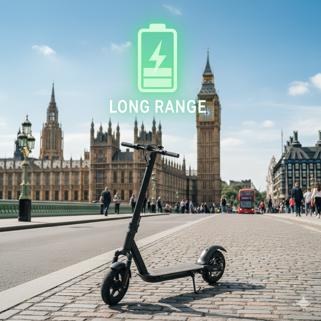 Electric scooter without seat on a London street with Big Ben in the background, glowing battery icon showing long range.