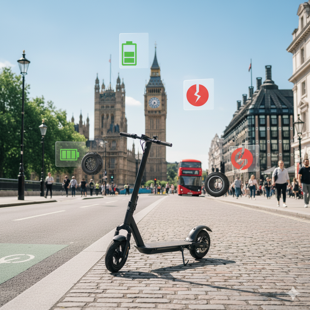 Electric scooter without seat in London with Big Ben in background, highlighting common problems like battery, flat tire, and brakes – feature image for UK scooter troubleshooting blog.