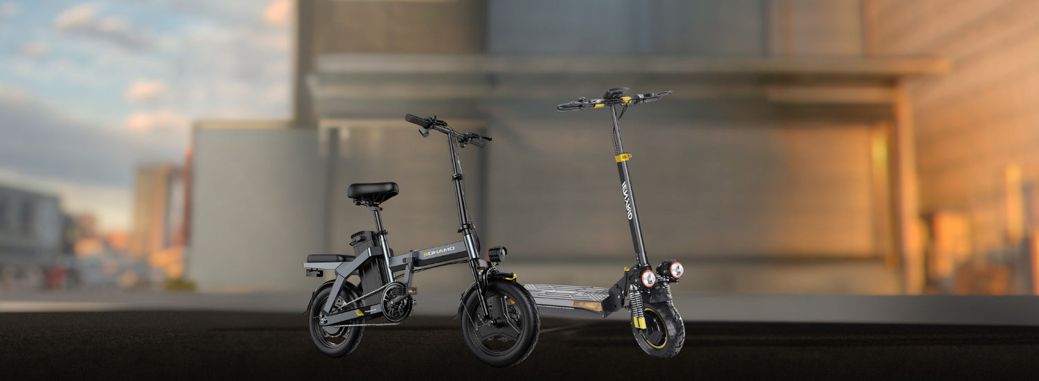 Two electric scooters on a rooftop with cityscape background