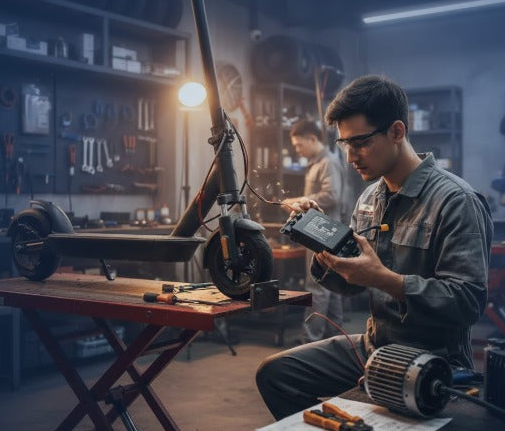 Person-working-on-an-electric-scooter-in-a-workshop
