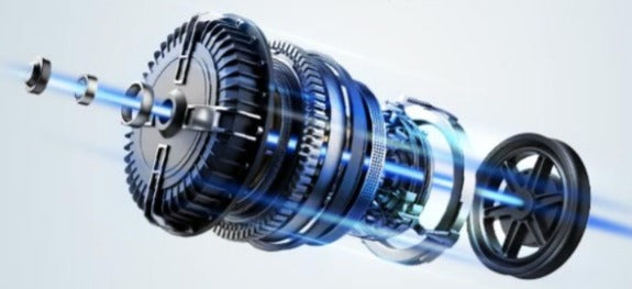 Technical illustration of a mechanical component with gears and a wheel on a light gray background